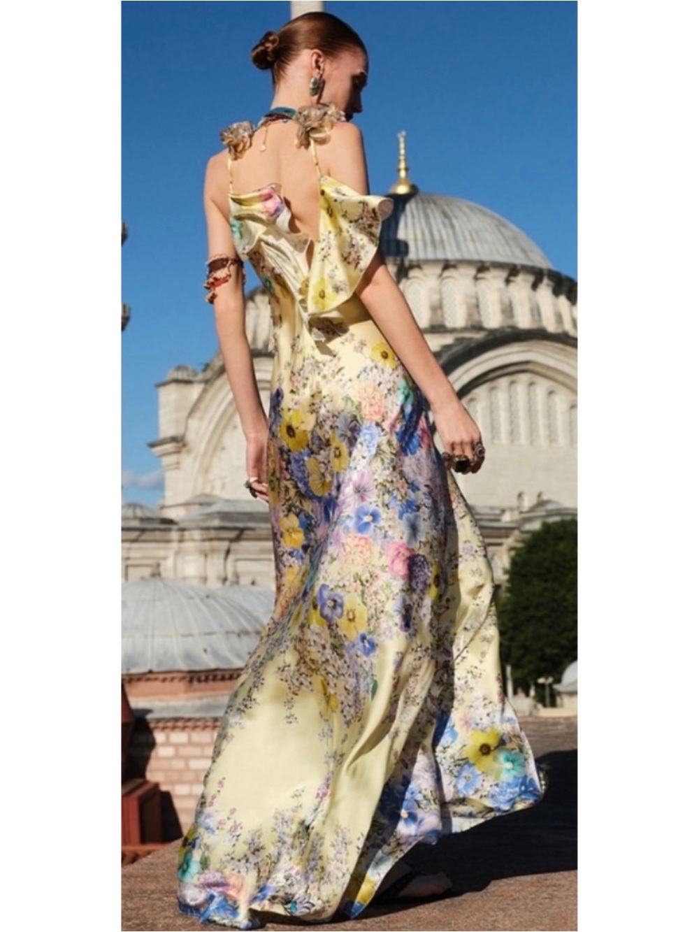 CAMILLA Bias Floral Frill Rosette Yellow Slip Dress Size Small - Picture 4 of 13